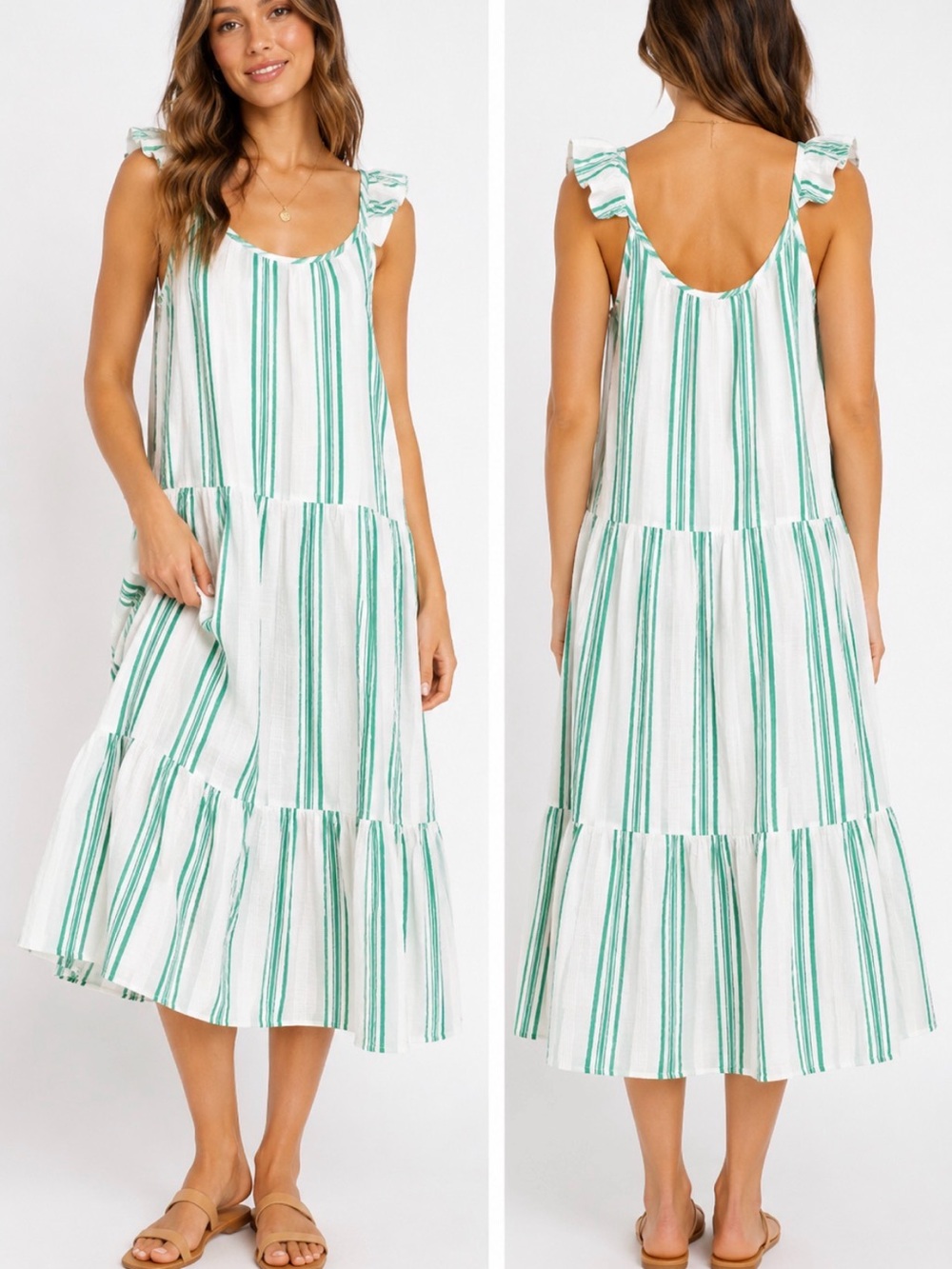 NWT P.J. Salvage XL Green White Stripe Tiered Midi Sundress Ruffle Strap